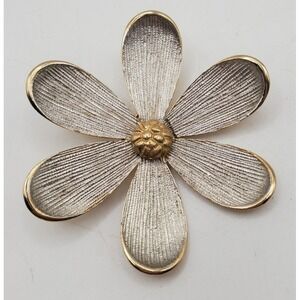Vintage Signed Kramer Textured Gold Tone Flower Brooch 6 Petals